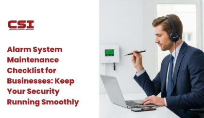 CSI Security operator monitoring multiple property security system feeds.
